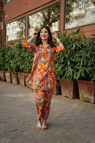 ELARA Women's Chic Floral Print Co-ord Set - Stylish Rayon Slub Matching Top and Bottom