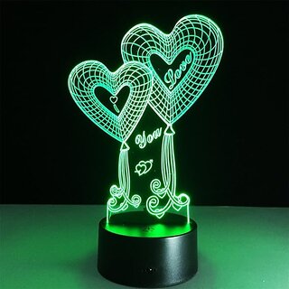 Double Heart Balloon I Love You 3D Optical Illusion Touch Botton 7 Color Changing LED Night Light Desk Lamp,Romantic Gif