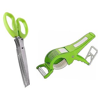 (Combo of 2) In 1 Vegetable  Fruit Multi Peeler Cutter And Multi-functional Stainless Steel Kitchen Knives 5 Layers Scissors Cut Herb Spices Cooking Tools Vegetable Cutter