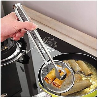 2 in 1Oil Fry Spoon with ClipOil Frying BBQ Filter Stainless Steel Mesh Strainer Kitchen Tool Collapsible Strainer (Steel Pack of 1) (2 in 1 Oil Fry Tool Filter Spoon)