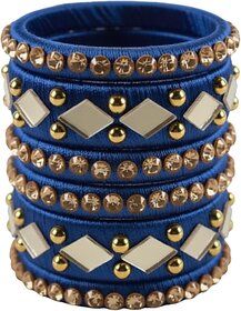 Traditional Indian Thread Bangles Set, Royal Blue with Gold Crystal and Metal Studded