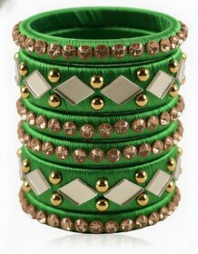 Traditional Green Silk Thread Bangles Set, Mirror Work with Gold Beads
