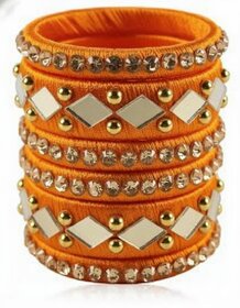 Traditional Orange Silk Thread Bangles Set, Mirror Work with Gold Beads