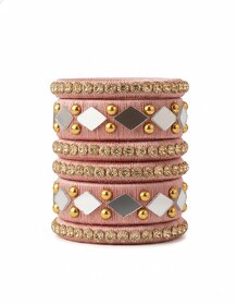 Traditional Rose Silk Thread Bangles Set, Mirror Work with Gold Beads