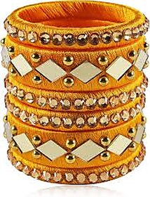 Traditional Yellow Silk Thread Bangles Set, Mirror Work with Gold Beads, 6 Pieces