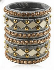 Traditional Grey Silk Thread Bangles Set, Mirror Work with Gold Beads, 6 Pieces