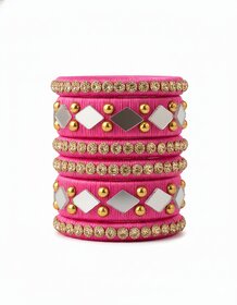 Traditional pink Silk Thread Bangles Set, Mirror Work with Gold Beads