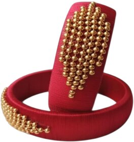 Traditional Red Silk Thread Bangles with Gold Beaded Design Wear Accessories, Set of 2