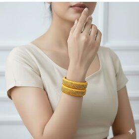 Traditional Yellow Silk Thread Bangles with Gold Beaded Design Wear Accessories, Set of 2