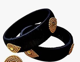 Traditional Blue Silk Thread Bangles with Gold Beaded Design Wear Accessories, Set of 2