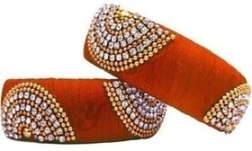 Traditional Orange Silk Thread Bangles with Gold Beaded Design Wear Accessories, Set of 2