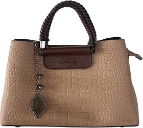 1631 Elegant Crocodile Skin Bowling Bag - Beige Handbag with Braided Handle