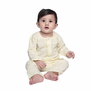 Kid Kupboard Cotton Baby Girls Kurta and Pyjama Set, Light Yellow, Full-Sleeves, 12-18 Months KIDS8074