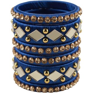 Traditional Indian Thread Bangles Set, Royal Blue with Gold Crystal and Metal Studded
