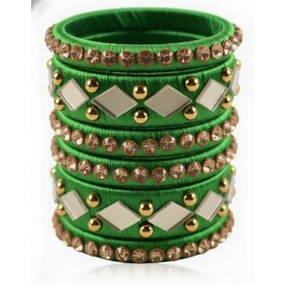 Traditional Green Silk Thread Bangles Set, Mirror Work with Gold Beads