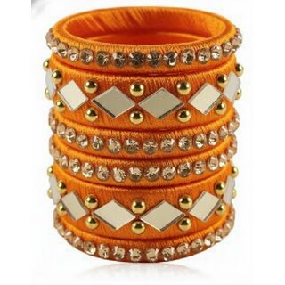 Traditional Orange Silk Thread Bangles Set, Mirror Work with Gold Beads