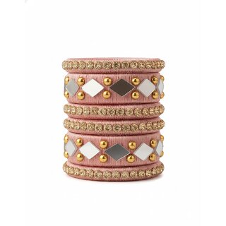 Traditional Rose Silk Thread Bangles Set, Mirror Work with Gold Beads