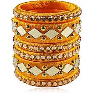 Traditional Yellow Silk Thread Bangles Set, Mirror Work with Gold Beads, 6 Pieces