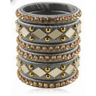 Traditional Grey Silk Thread Bangles Set, Mirror Work with Gold Beads, 6 Pieces