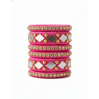 Traditional pink Silk Thread Bangles Set, Mirror Work with Gold Beads