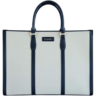 Stylish Cream and Navy Leather Tote Bag - Spacious and Elegant