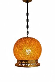 Vintage Pendant Light with Woven Spherical Shade with Gold Colour Metal Chain