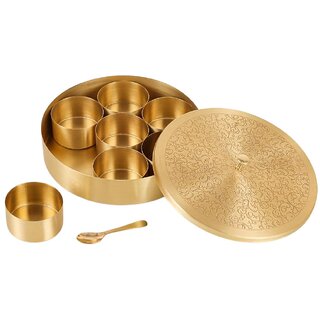 Premium Golden brass Masala Spice Box Set with Decorative Lid