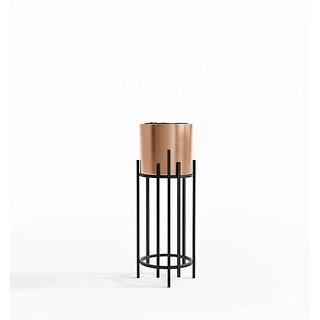 Modern Metal Plant Stand with Copper Planter, Cylindrical Vase, Black Iron Base, Contemporary Flower vase
