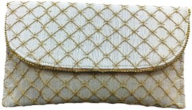 Ethnic Quilted Envelope Clutch Bag with Golden Embroidery for Wedding  Party (OffWhite)