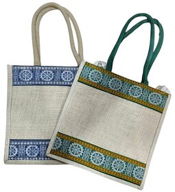 Eco Friendly Jute Shopping Tote Bag with Ethnic Border Design, Reusable Grocery  Lunch Carry Bag for Women (Natural Bei