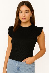 ATLIES Women Black Ribbed Cap Sleeve Top