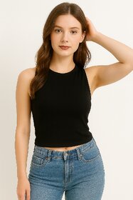 ATLIES Womens Black Sleeveless High Neck Crop Top