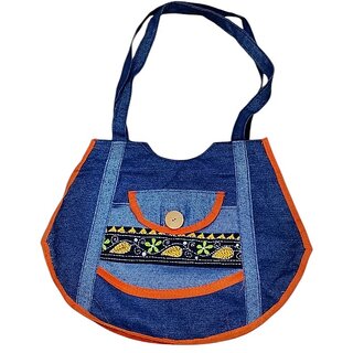 Ethnic Denim Shoulder Bag for Women with Embroidered Front Pocket, Casual Daily Use Office  Shopping Tote