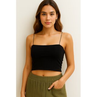 ATLIES Womens Solid Black Spaghetti Strap Crop Top