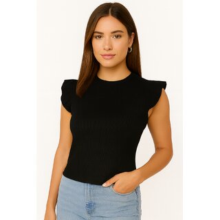 ATLIES Women Black Ribbed Cap Sleeve Top