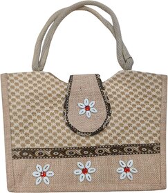 Handcrafted Eco-Friendly Jute Handbag with Shell Floral Work