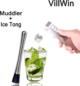 Stainless Steel Cocktail Muddler and Ice Tongs Set - Essential Mixology Tools for Home Bar