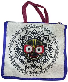 White Premium Jute Jagannath Design Multipurpose Bag For Women