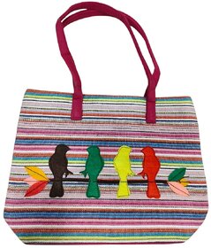 Pink Premium Cotton Birds Design Multipurpose Bag For Women