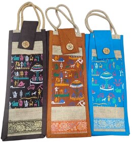 Blue  Brown  Orange Premium Jute Bottle Bag For Boys  Girls (Pack of 3)