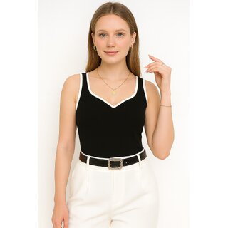 ATLIES Womens Black Contrast Trim Sleeveless V-Neck Top