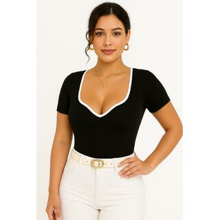 ATLIES Womens Black Ribbed Contrast Trim Fitted Top