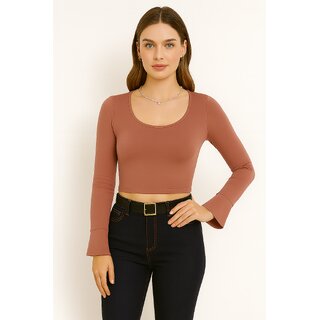 ATLIES Womens Solid Onion Pink Flared Sleeve Crop Top