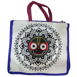 White Premium Jute Jagannath Design Multipurpose Bag For Women