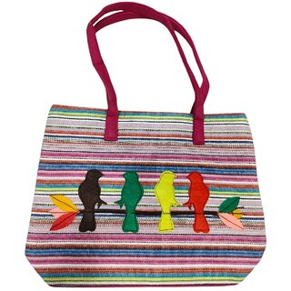Pink Premium Cotton Birds Design Multipurpose Bag For Women