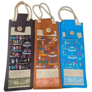Blue  Brown  Orange Premium Jute Bottle Bag For Boys  Girls (Pack of 3)