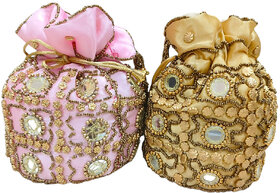 Golden   Dark Maroon Premium Silk Potli Handmade Bag For Women (Pack of 2)