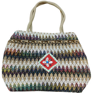 Handcraftedt jute tote bag with colourful zigzag design eco-friendlu  Sling Bag (White, Blue, Green, 8 L)