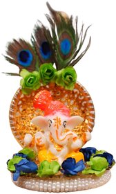 Tiny Shiny Lord Ganesha Decorative Showpiece with Yellow Roses  Pearls, 9 cm, Peach Ivory, Traditional Style