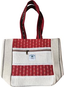 Handcrafted Hemp Tote Bag with Red Ethnic Pattern